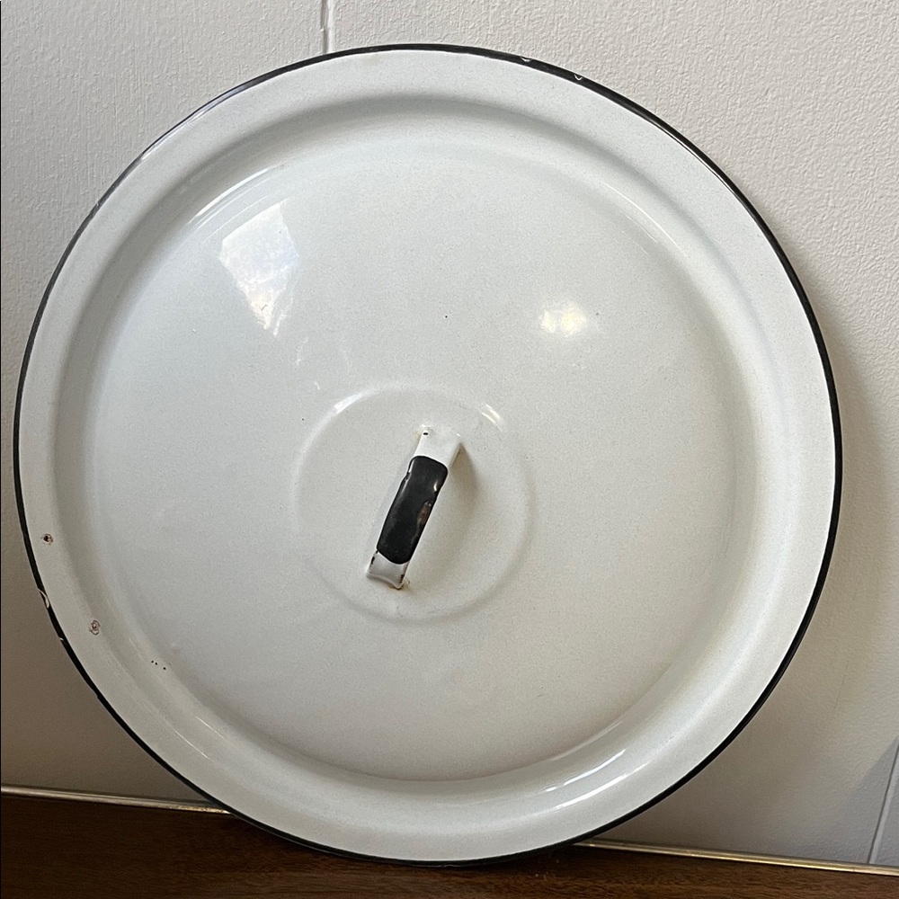 Vintage Enamel Pan Lid white with Black Handle 11” skillet lid